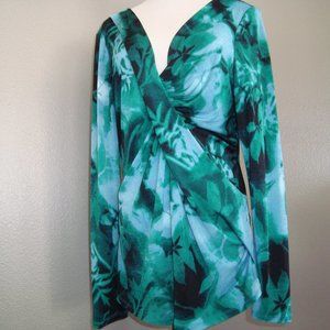 New Adrianna Papell V- Neck Long Sleeve Stretch Green Blue Top sz L